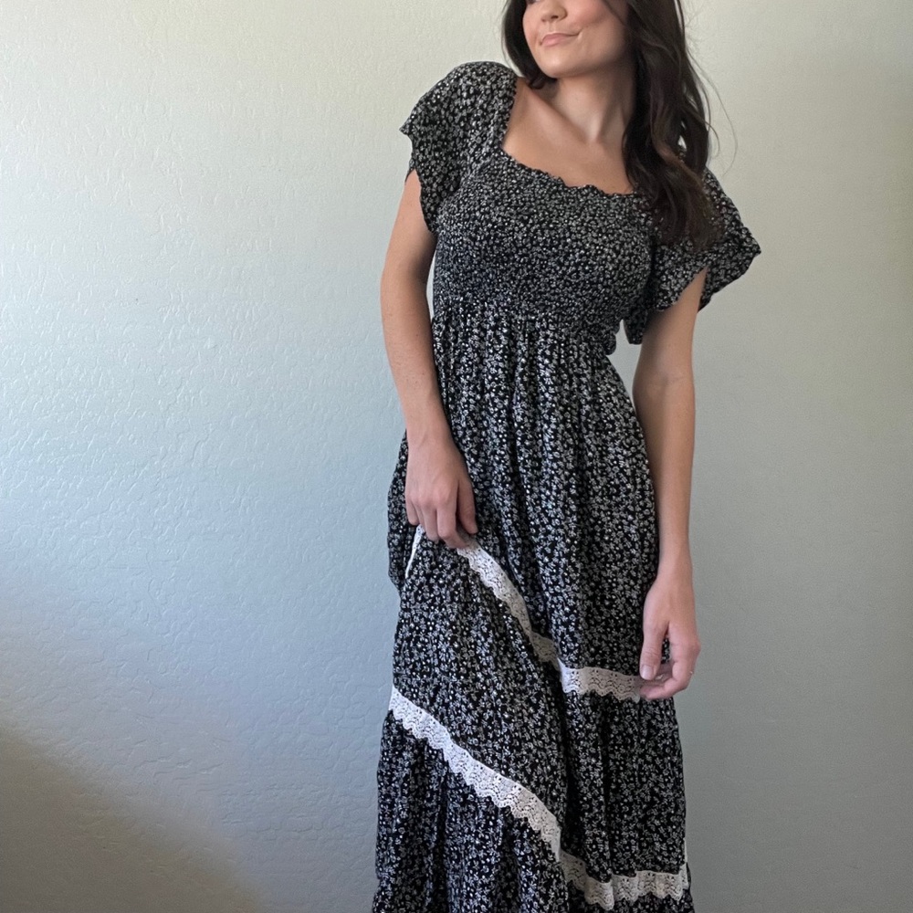 Floral Black Smocked Dress